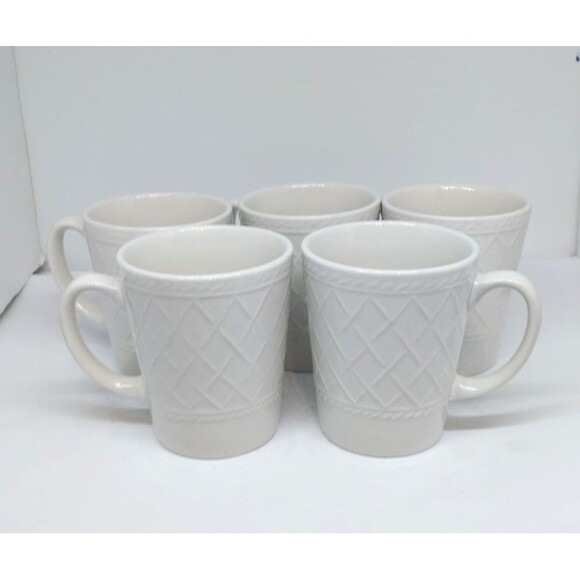 Totally Today White Rope Criss-Cross Coffee Mug Cup Approx. 8 oz Set of 5 - Picture 1 of 7